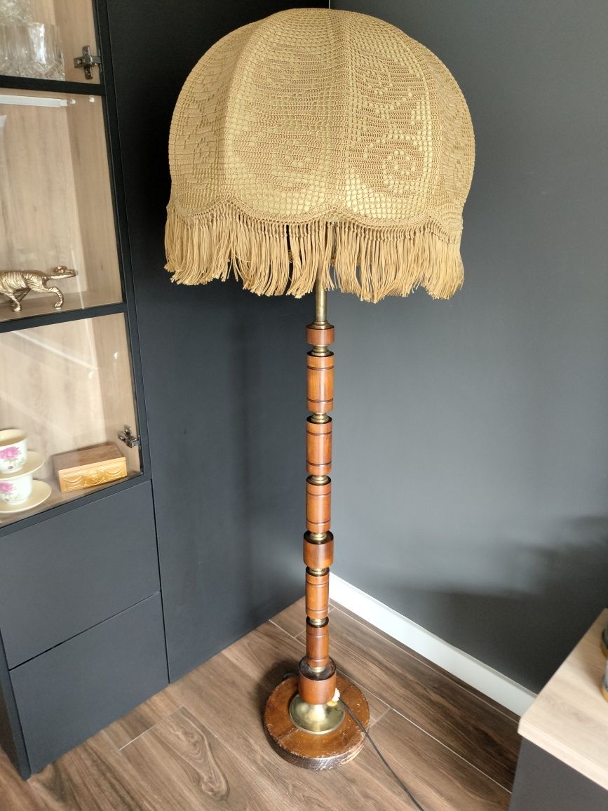 Wysoka duża lampa prl drewniana abażur stojąca rustykalna vintage