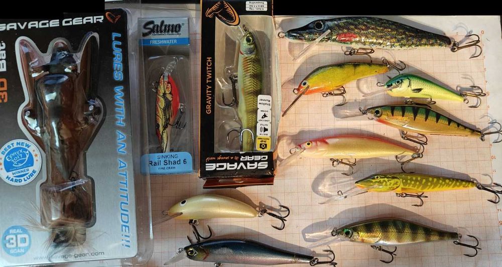 A. zestaw szczupakowy Salmo Pike, RailShad, Rapala, SG nietoperz