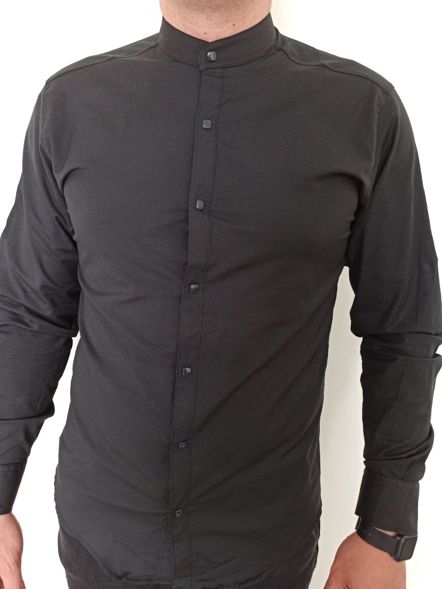Чоловіча сорочка стійка чорна приталенна мужская рубашка стойка рукав
