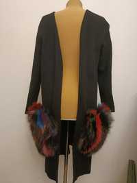 Sweter gruby, płaszczyk płaszcz z futrem lis s
