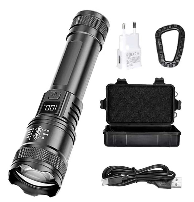 Akumulatorowa latarka LED z zoomem i wyświetlaczem LCD 3 tryby etui