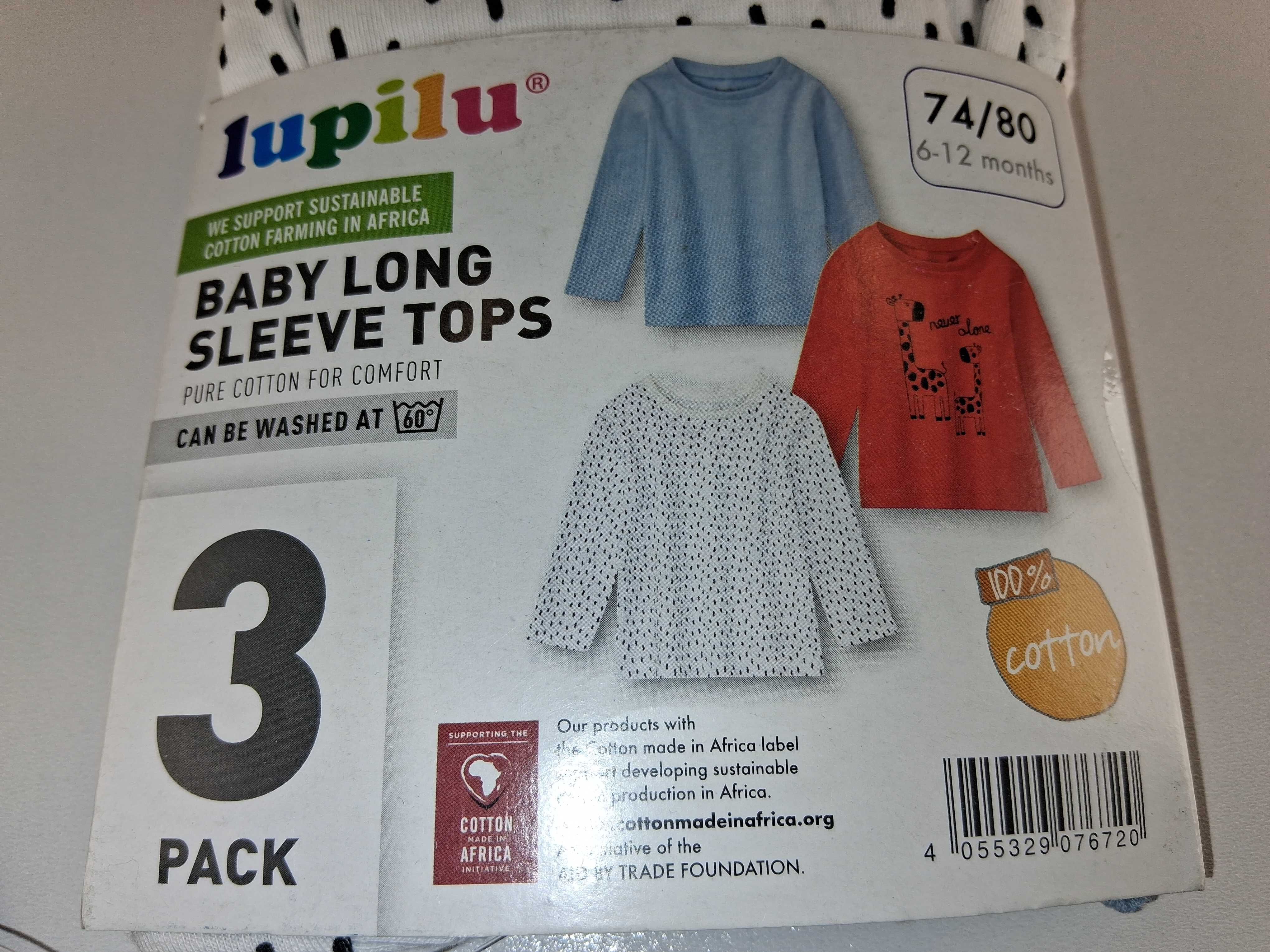 A153 Lupilu Baby Long Sleeve Tops 3-pak Bluzki Bawełniane Rozm. 74/80