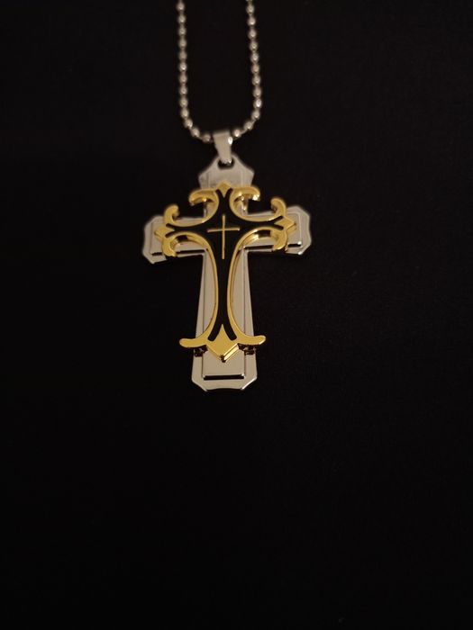 Krzyż dwuwarstwowy srebrnlo-zloty - naszyjnik, wisiorek z  łańcuszkiem