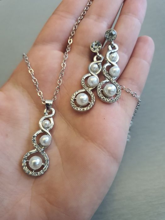 Srebrny Perłowy Zestaw Komplet Biżuterii Perły Perełki