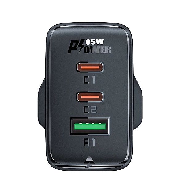 Acefast ładowarka GaN 65W 3 porty (1xUSB, 2xUSB C PD) wtyczka UK czarn