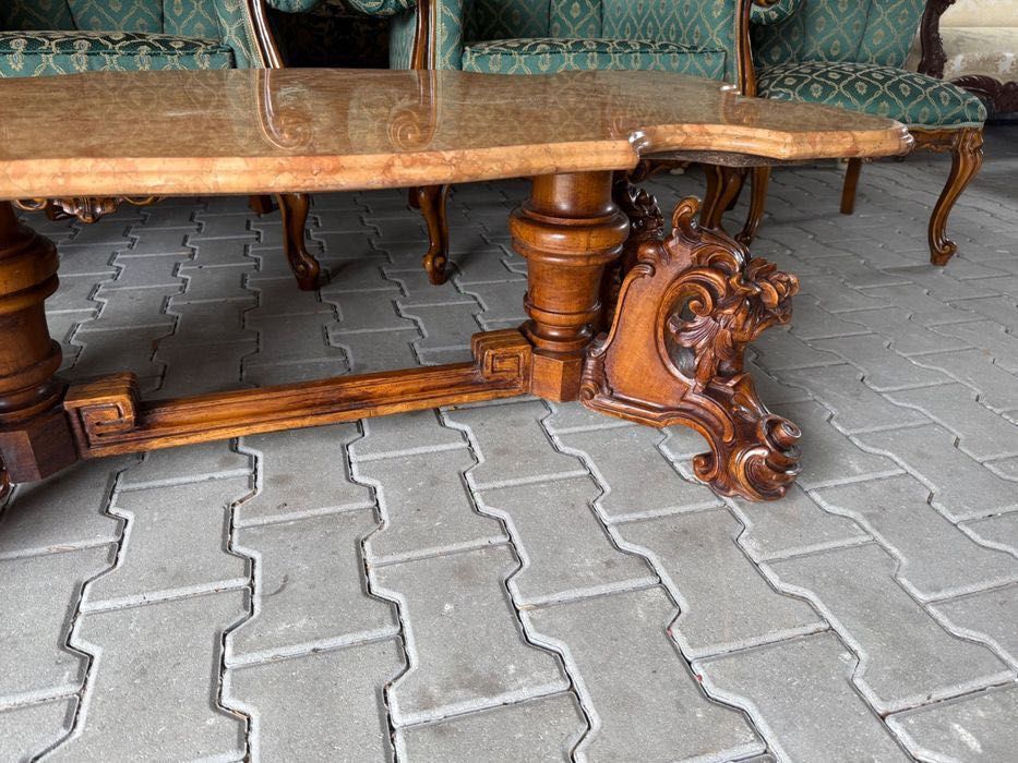 Włoska rzeźbiona ława z marmurowym blatem