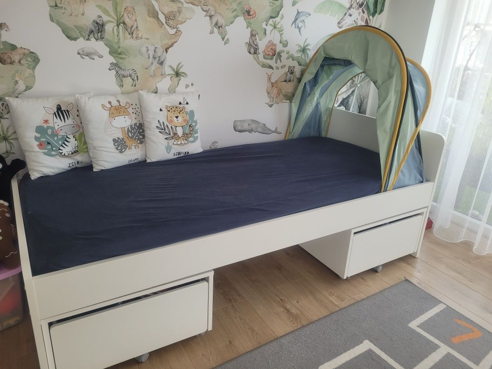 IKEA Slakt łóżko rama + pojemniki + materac + baldachim Eldfluga