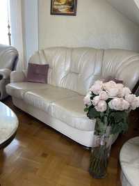 Шкіряний комплект розкладний диван з ортопедичним матрасом і 2 крісла