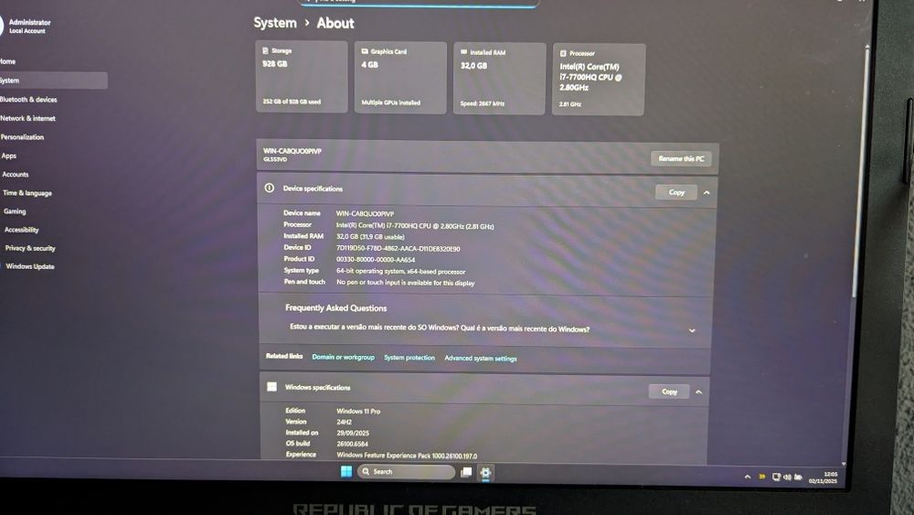 Portátil Gamer ROG i7 32GB GTX1050