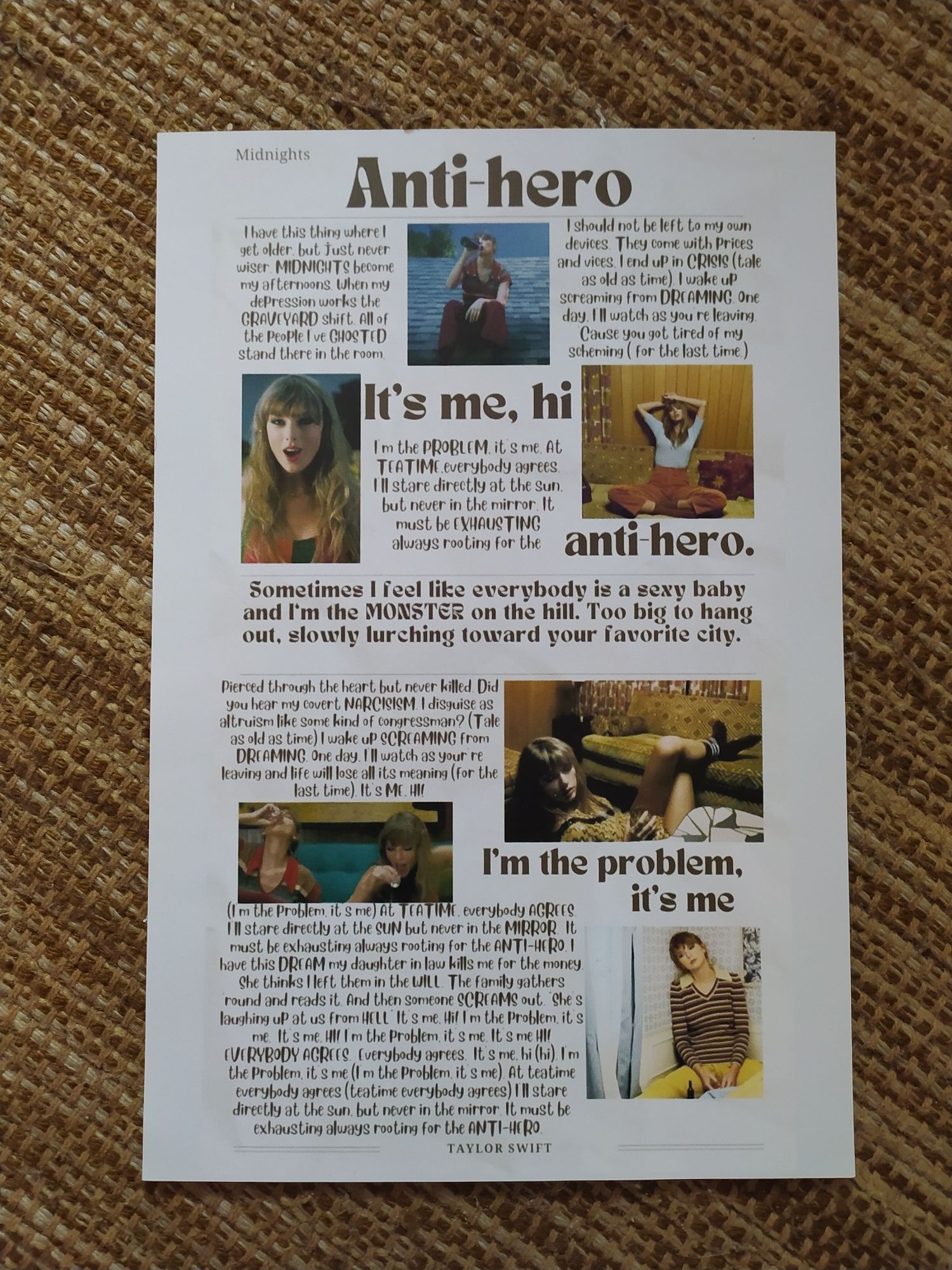 Taylor Swift Anti-hero lyrics poster
