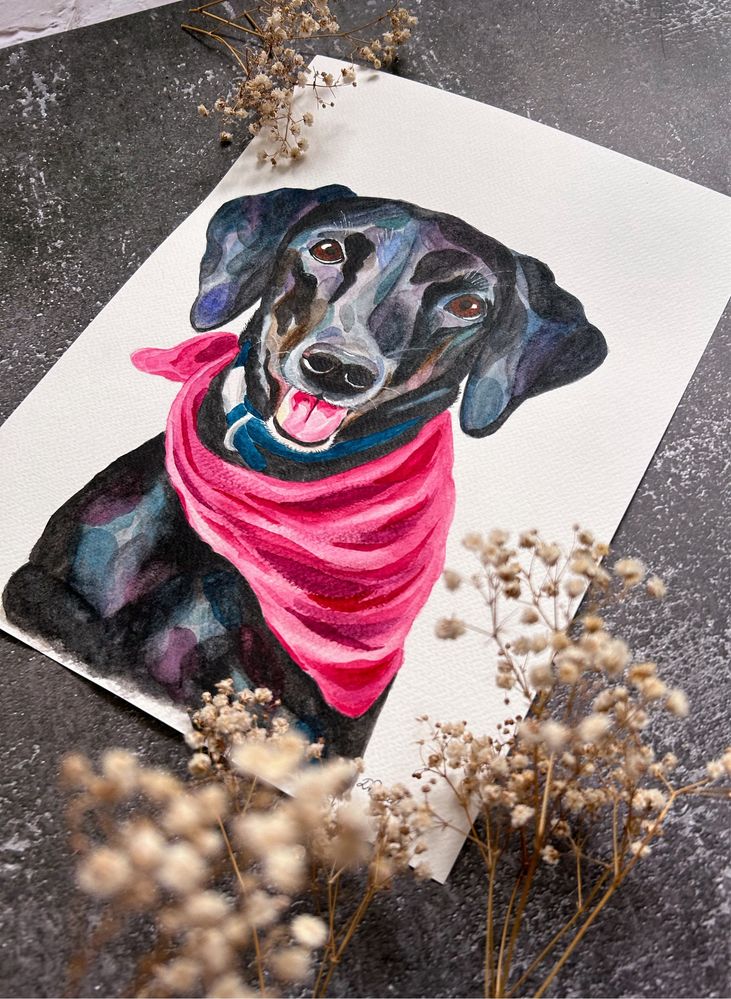 Obrazek A4 Pies w różowej chuście piesek obraz akwarela
