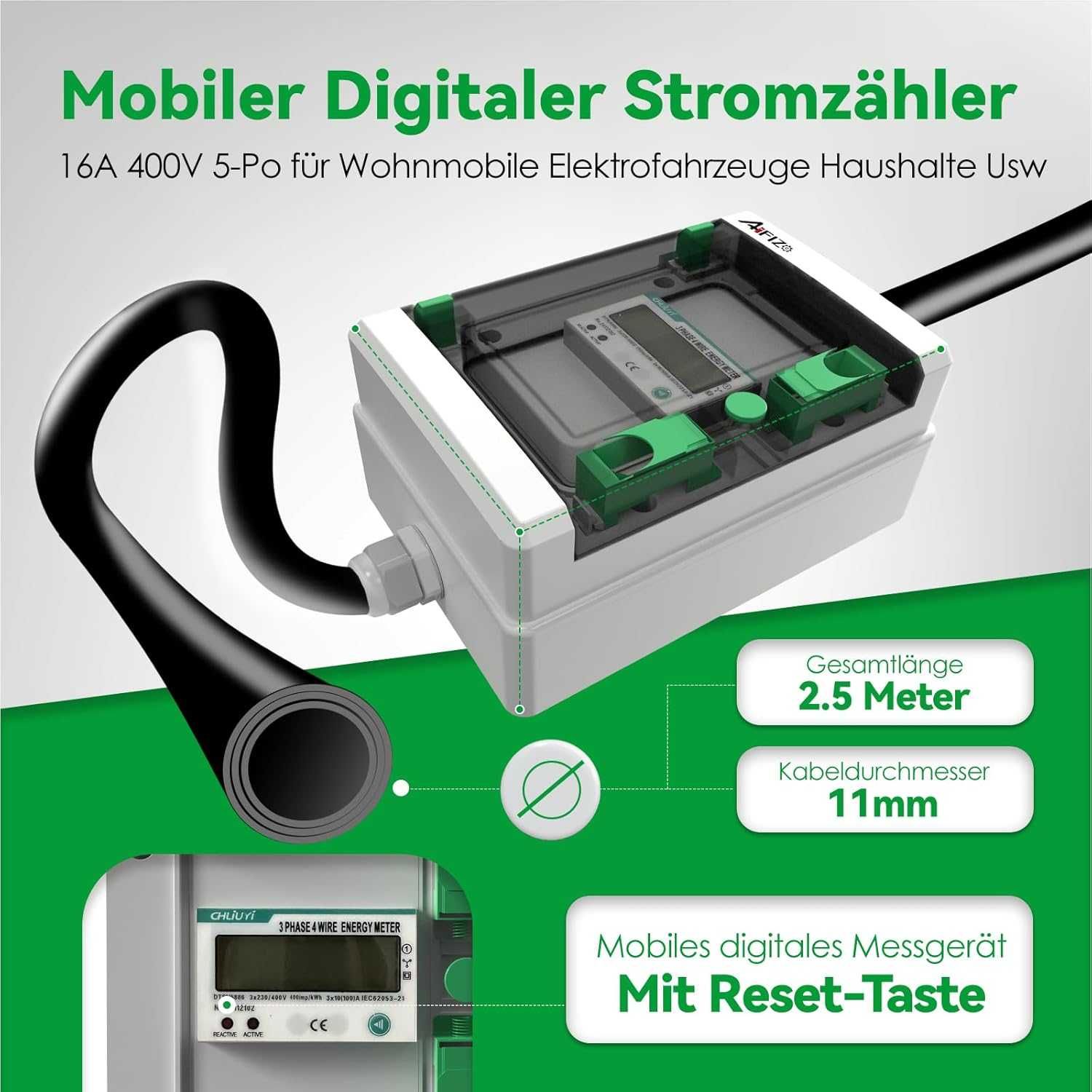 Mobilny cyfrowy licznik energii elektrycznej 3-fazowy 16 A 400 V