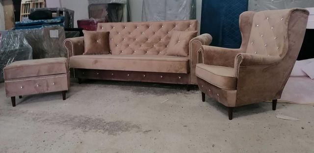 RATY komplet zestaw Glamour Chesterfield kanapa sofa rozkładana uszak