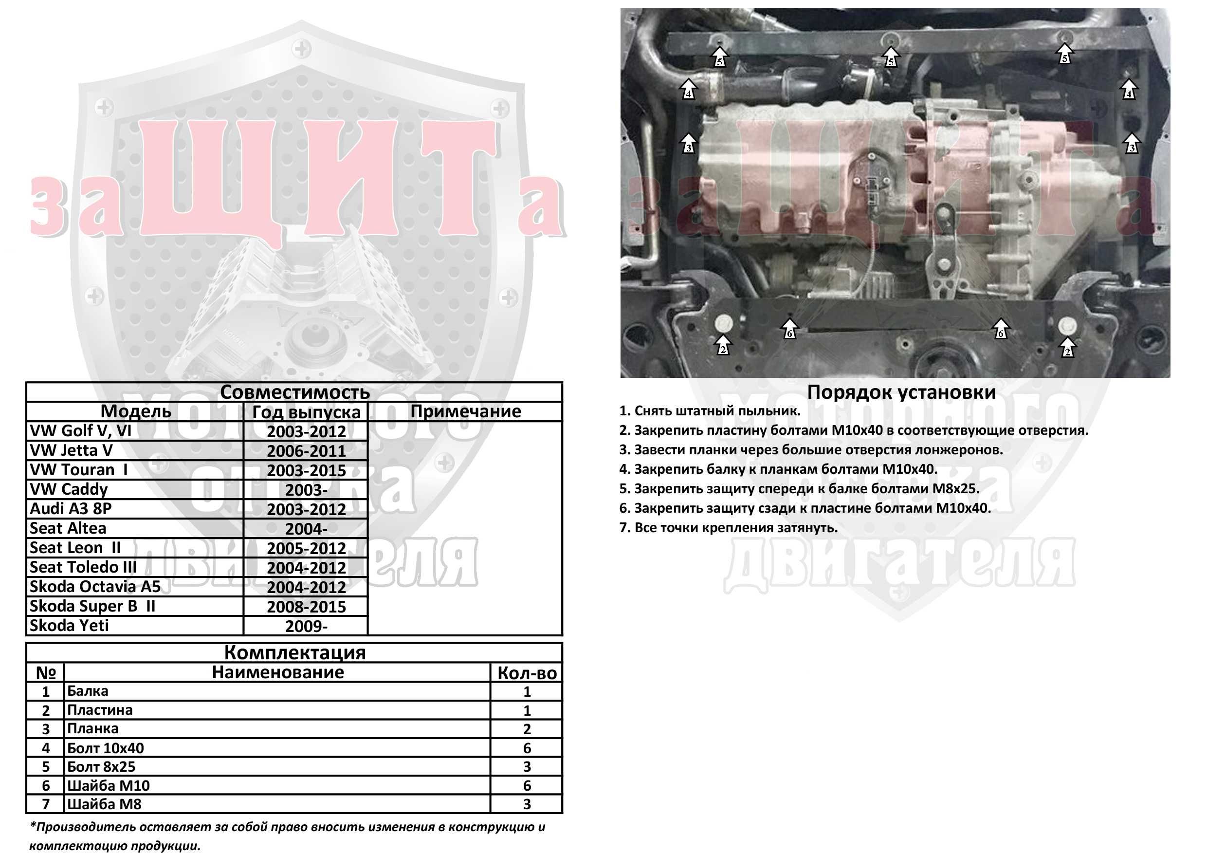 Защита двигателя и КПП Volkswagen Golf-6 Golf-5 Фольксваген Гольф 5,6