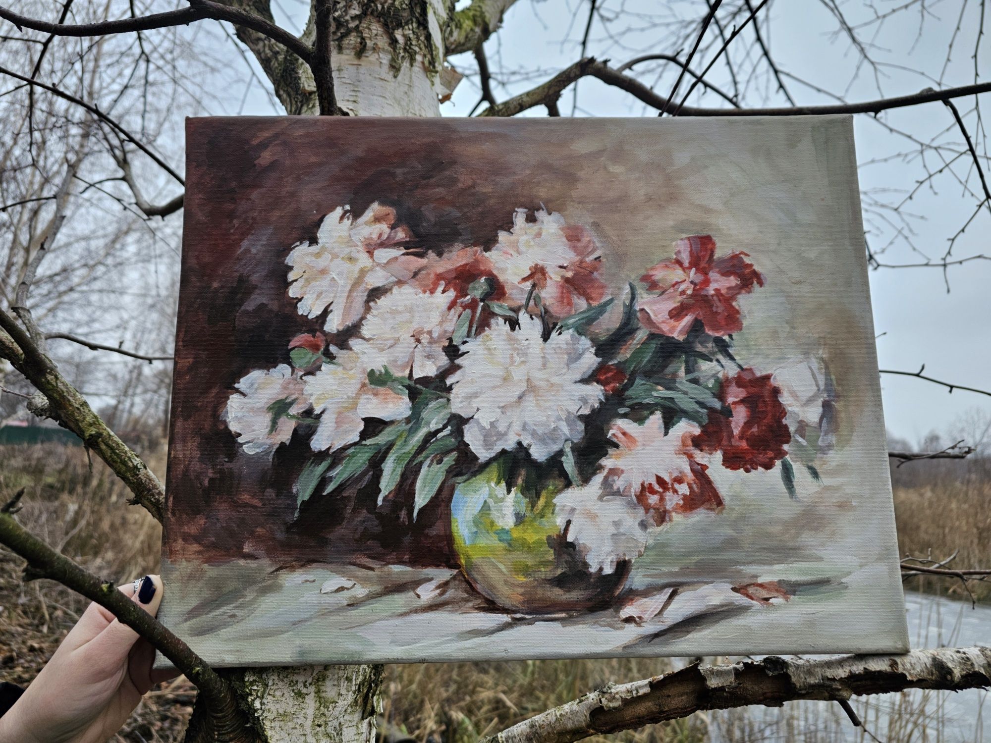 Картина цветы в вазе, пионы, живопись