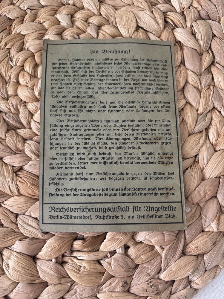 Stara niemiecka karta ubezpieczeniowa pracownika Opole Oppeln 1940 rok
