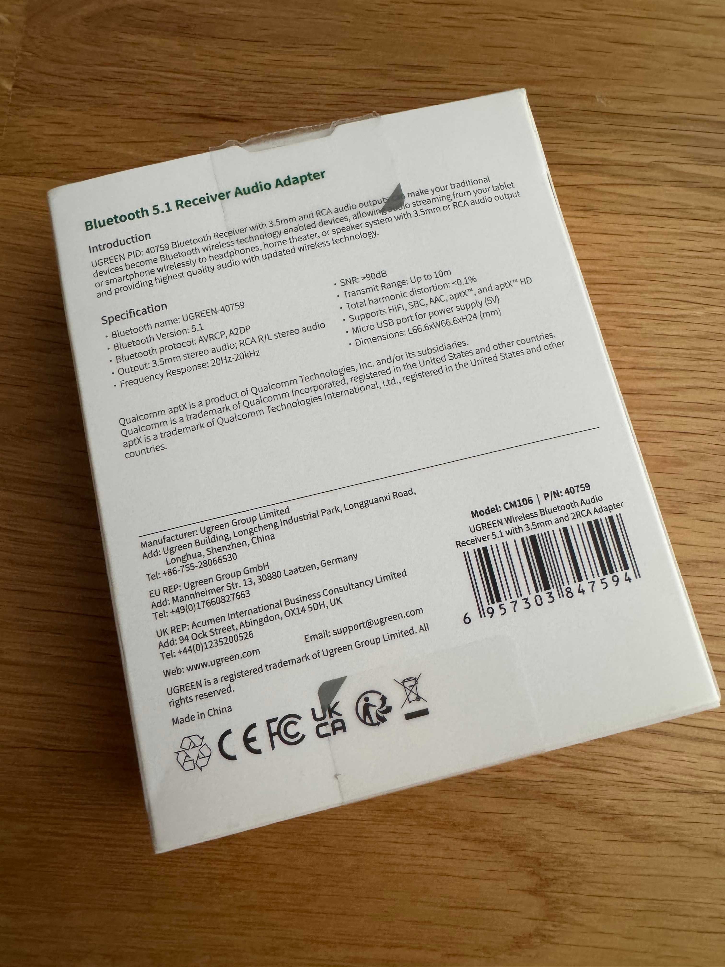 Adapter Odbiornik UGREEN CM106 Bluetooth 5.1 aptX HD