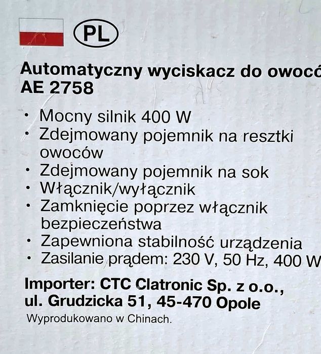 Sokowirówka Clatronic AE 2758, 400W