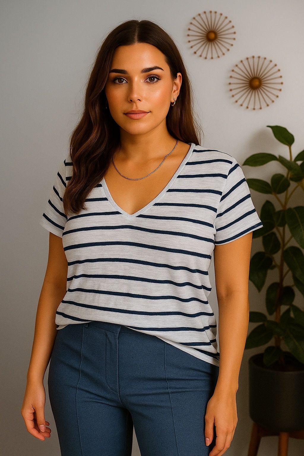 Lniany t-shirt w paski z dekoltem V 100% len Zara S