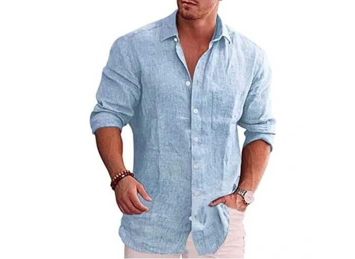 Męska lniana koszula zapinana na guziki, na co dzień z długim rękawewe