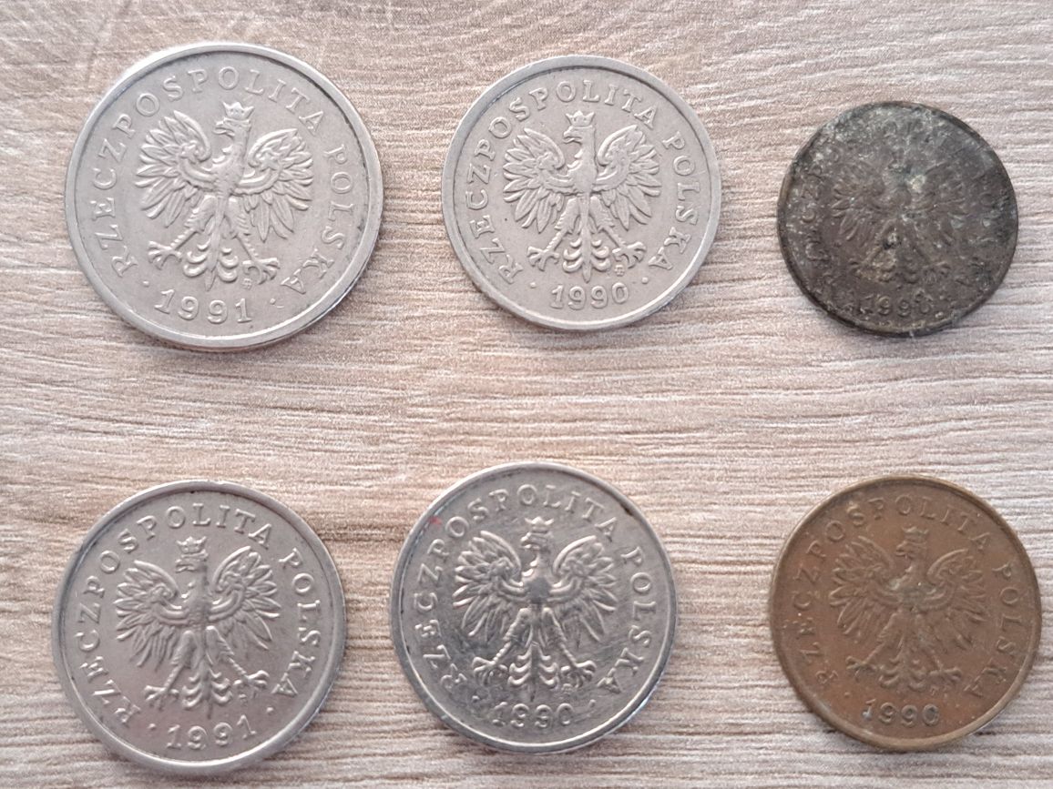 Stare monety obiegowe 1zł 1991 50gr 1990 5gr 1990 1gr 1990 2 gr 1990