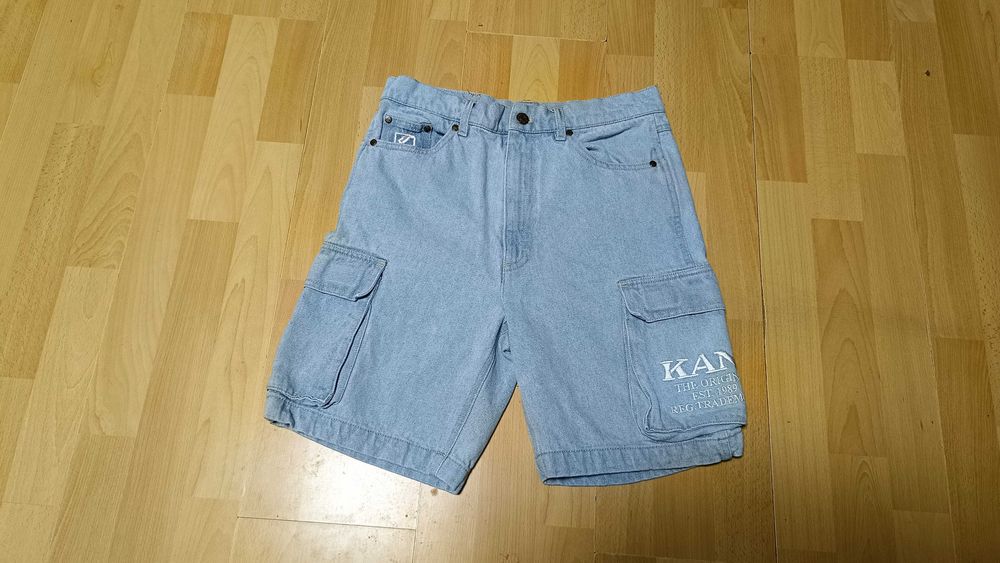 Męskie krótkie spodnie jeansowe KARL KANI r.S jasnoniebieskie idealne