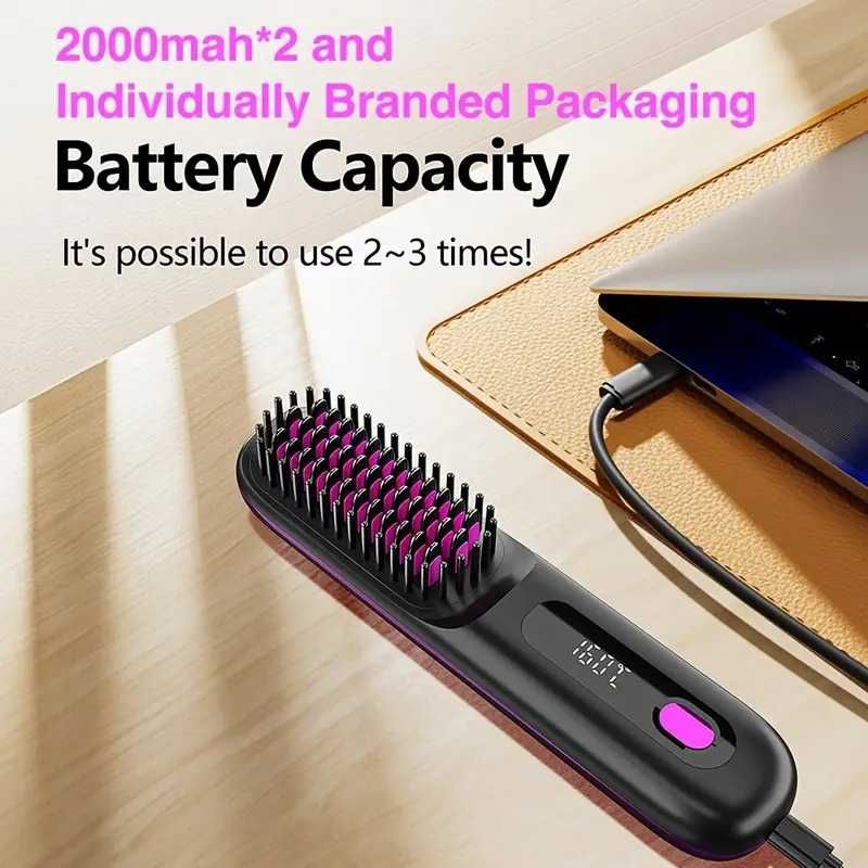 Escova alisadora cabelo. Portátil. USB. 3 níveis temperatura. Novo.