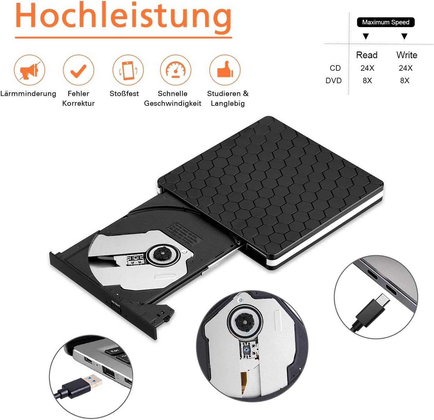 Zewnętrzny napęd DVD USB 3.0 Usb C, przenośny nagrywarka CD DVD 305