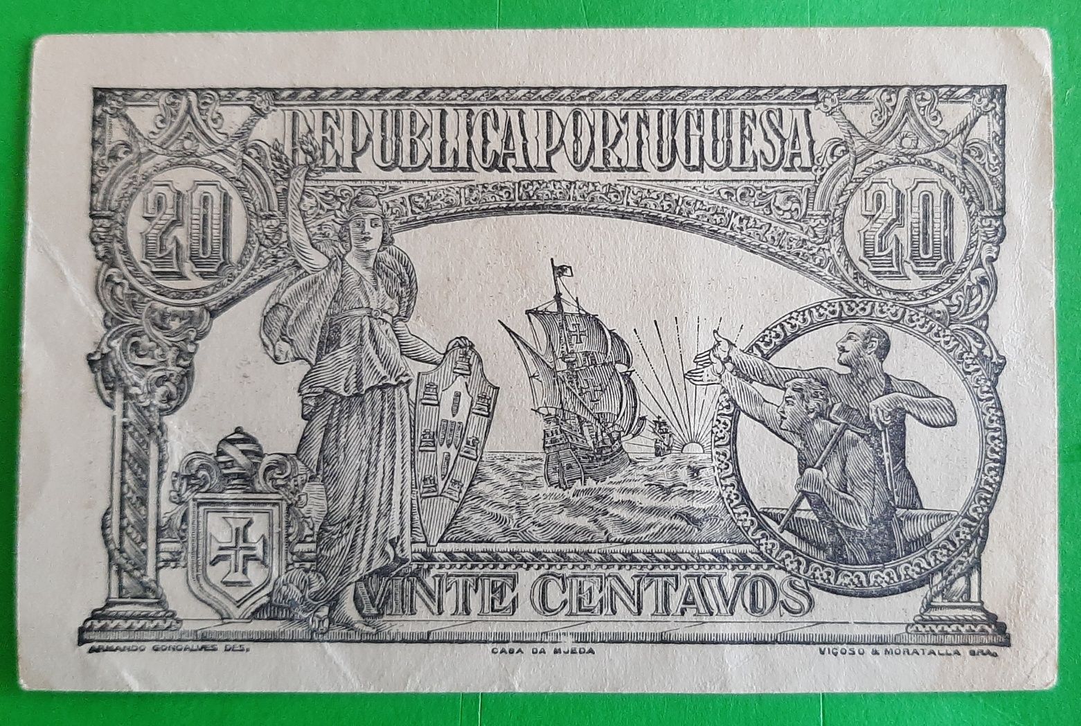 Cédula Portuguesa de 20 Centavos de 1922. Em bom estado. Rara