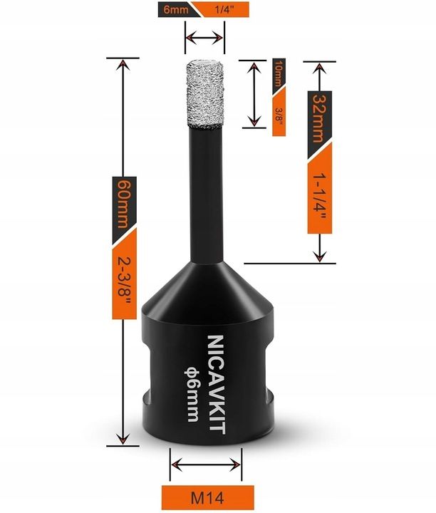 Otwornica Diamentowa Koronka Wiertło 6mm M14 Do Płytek Gres Kamień Gla