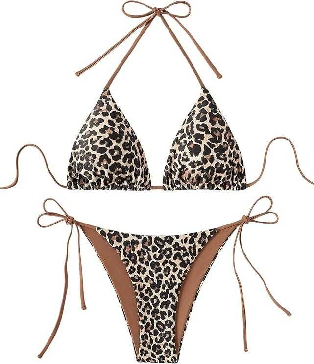 Bikini damskie panterka halter sznurowane plecy stringi lato rozmiar M