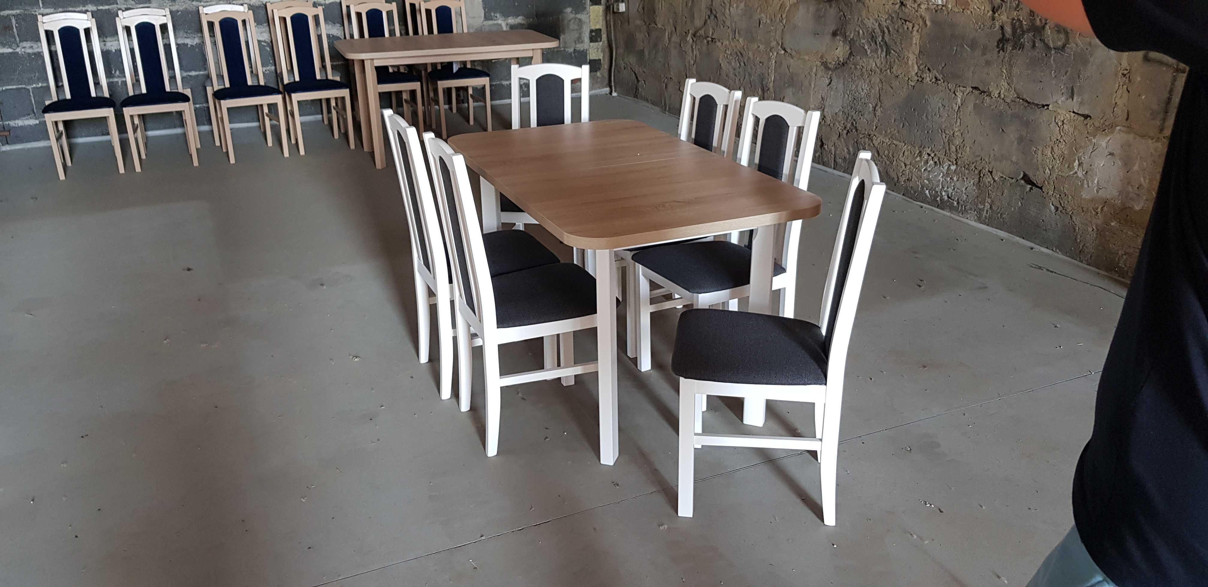 Nowe: Stół 80x140/180 + 6 krzeseł, BIAŁY/blat sonoma + grafit
