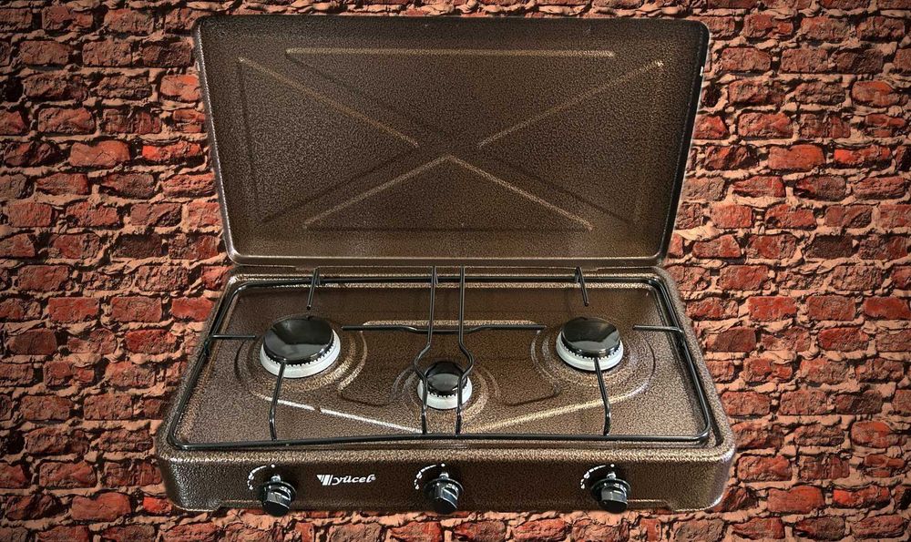 Таганок 3 конфорочный газовый  Настольная плитка 3 конфорки коричневая