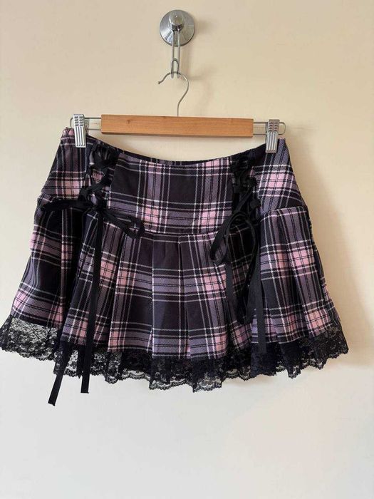 Saia feminina em xadrez rosa e preto, tamanho M