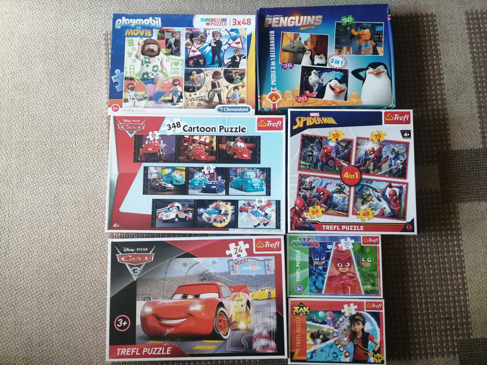 Puzzle zestaw  auta, playmobil, pingwiny,Spider-Man