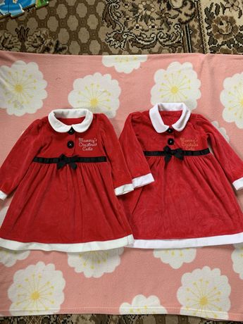Новорічні велюрові святові теплі плаття для двійні/двійнят 80-86 см