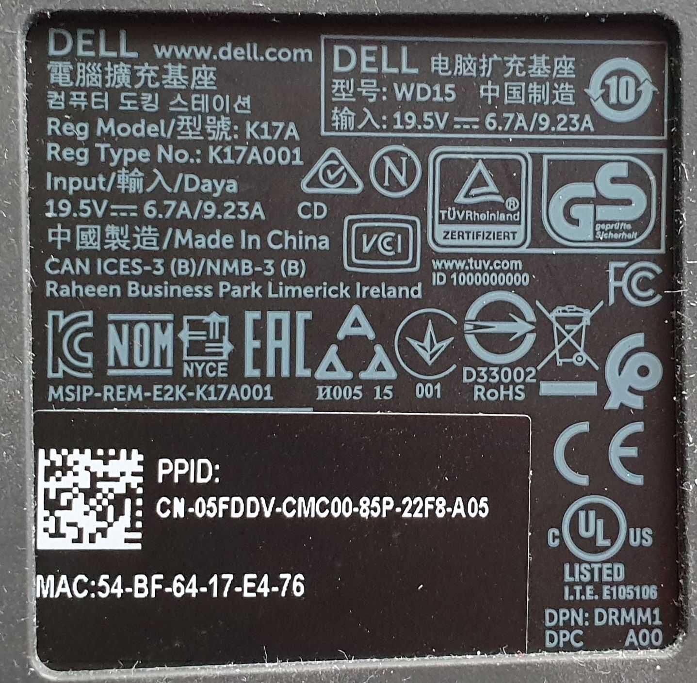 Stacja dokująca Dell K17A WD15 xps do laptopa DisplayPort PowerShare