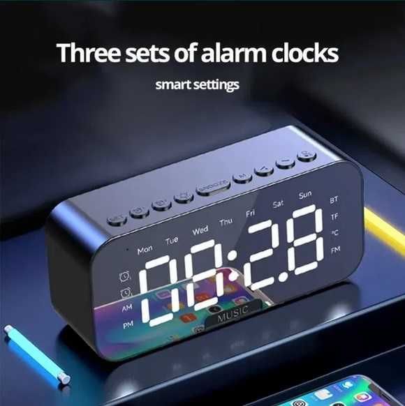 Zegar LED głośnik bluetooth micro sd radio budzik alarm temp data