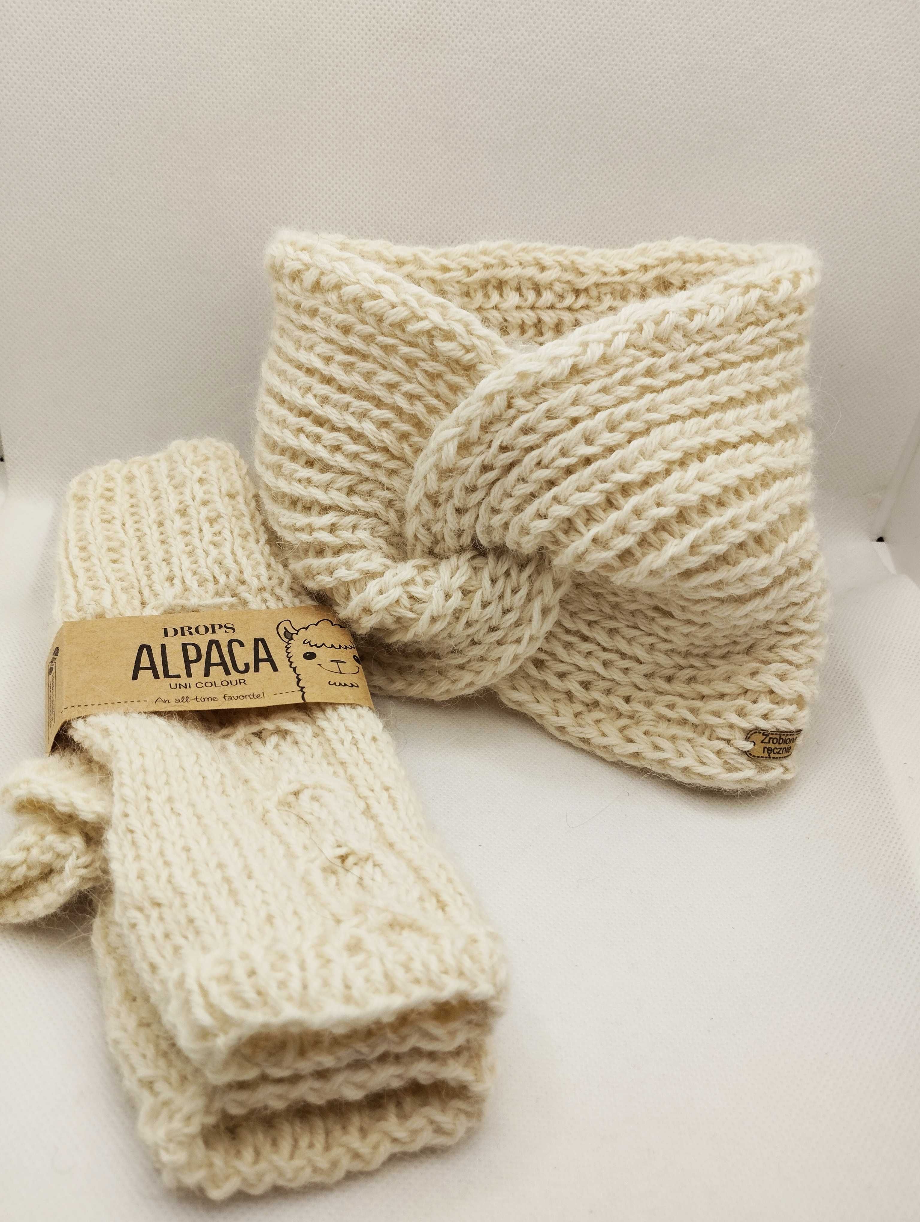 Komplet: opaska; turban; mitenki; alpaka 100%; handmade; ecru