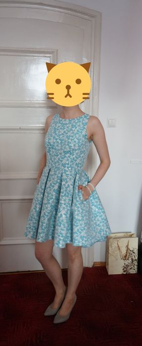 Sukienka żakardowa srebrno-błękitna na wesele/karnawał