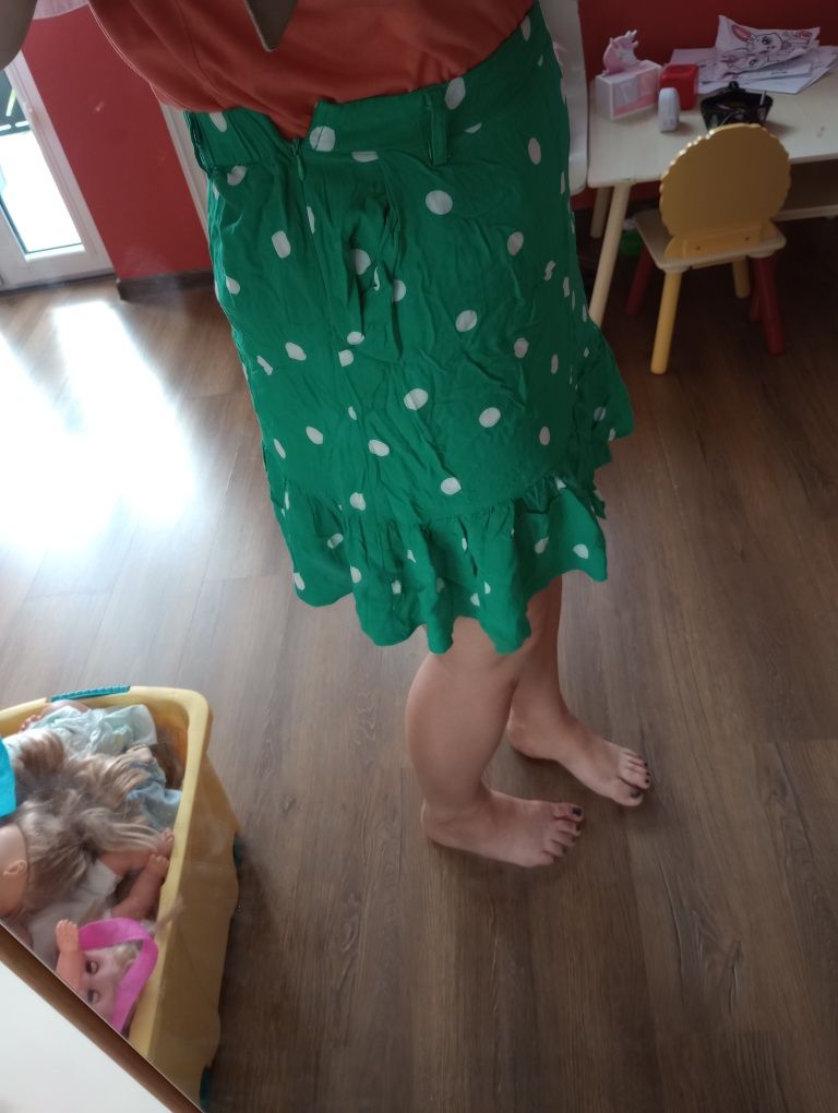 Bawełniana zielona spódnica w Białe kropki gumka w pasie h&m