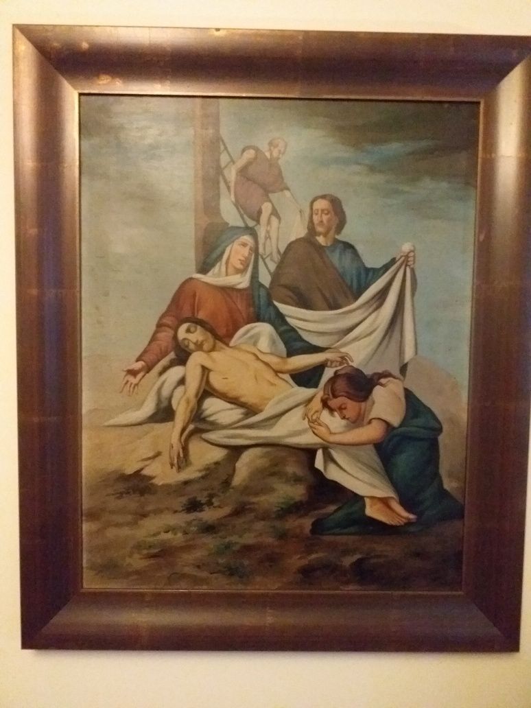 Grande quadro em tela com pintura religiosa