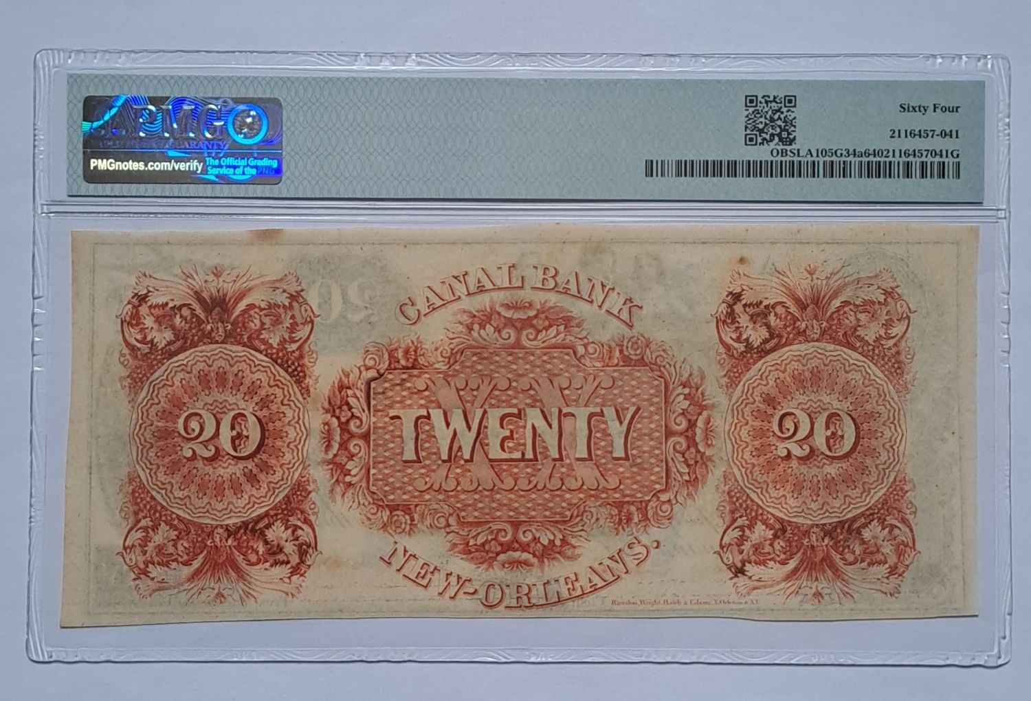 Piękny.Stary banknot 20 dolarów Canal Bank.PMG64.