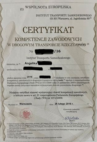 Certyfikat kompetencji  zawodowych na przewóz rzeczy - faktura VAT