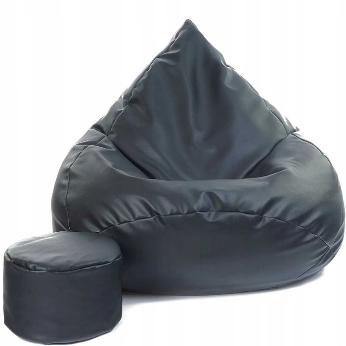Nowoczesna czarna sofa ze skóry ekologicznej z podnóżkiem