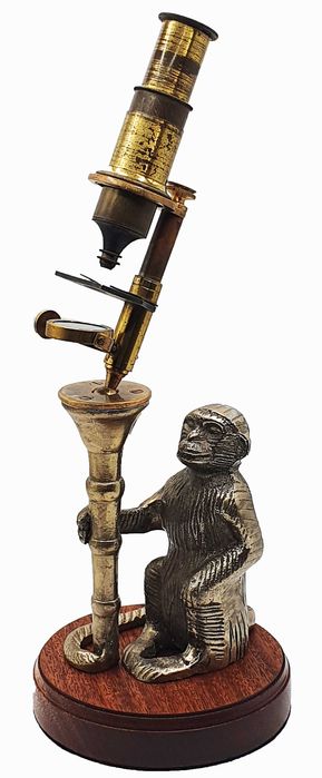 Reprodução de microscópio com a forma de macaco (“monkey microscope”)