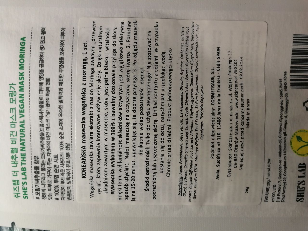 Zestaw wegańskich koreańskich maseczek w plachcie