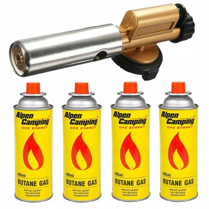 Palnik gazowy mosiężny metalowy złoty + 4 x  Kartusz Gaz Alpen