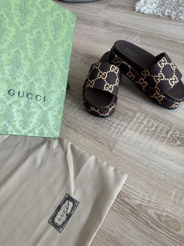 Klapki GG plaforma platform gruba podeszwa czekoladowe Gucci