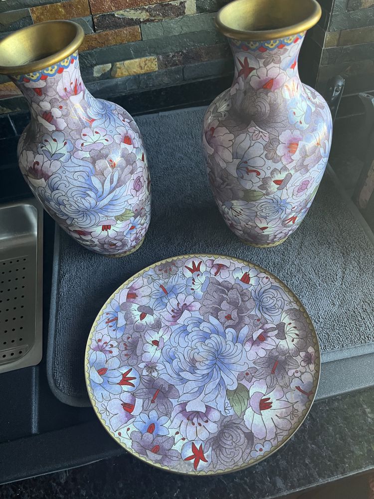 Conjunto 2 Jarrões com base mad+ Prato em Cloisonne, Oriental, Chinesa